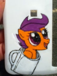 Size: 720x960 | Tagged: safe, derpibooru import, scootaloo, case, cellphone, cup, mug, photo, solo, wip