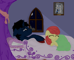 Size: 776x634 | Tagged: safe, artist:magicalhoney, derpibooru import, apple bloom, oc, bed, canon x oc, moonlight, sleeping