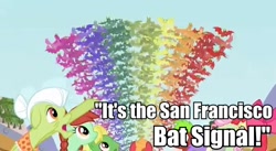 Size: 612x336 | Tagged: safe, derpibooru import, edit, edited screencap, screencap, granny smith, fruit bat, pony, apple family reunion, bat signal, female, image macro, mare