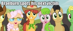 Size: 632x272 | Tagged: safe, derpibooru import, edit, edited screencap, screencap, apple rose, braeburn, golden delicious, half baked apple, red gala, wensley, earth pony, pony, apple family reunion, apple family member, background pony, bucktooth, cowboy hat, female, hat, image macro, male, mare, stallion