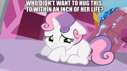 Size: 1280x720 | Tagged: safe, sweetie belle, pony, unicorn, cute, female, filly, solo, text