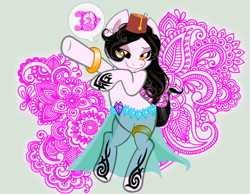 Size: 900x700 | Tagged: safe, artist:demon8eye, derpibooru import, oc, oc only, oc:shadow moon, pony, belly dancer, bipedal, black sclera, fez, hat, solo, tattoo