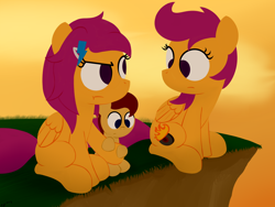 Size: 1280x960 | Tagged: safe, artist:dtcx97, derpibooru import, scootaloo, oc, oc:lightning blitz, pegasus, pony, baby, baby pony, colt, female, foal, male, mother and child, mother and son, motherly scootaloo, offspring, parent and child, parent:rain catcher, parent:scootaloo, parents:catcherloo, post-crusade, pregnant scootaloo, self paradox, self ponidox