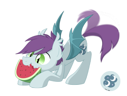 Size: 2600x1964 | Tagged: safe, artist:equestria-prevails, derpibooru import, oc, oc only, oc:moon moon, bat pony, pony, cute, eating, face down ass up, fangs, food, nom, simple background, smiling, solo, spread wings, tail wag, transparent background, watermelon