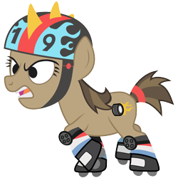 Size: 1000x1000 | Tagged: safe, artist:pageturner1988, derpibooru import, hairpin turn, earth pony, pony, call of the cutie, 101 dalmatians, cruella de vil, female, filly, foal, helmet, roller derby, roller skates, simple background, solo, transparent background, vector