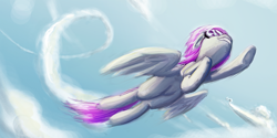 Size: 1333x669 | Tagged: safe, artist:kraden, derpibooru import, oc, oc only, pegasus, pony, cloud, floppy ears, flying, goggles, sky, solo, spread wings, trail, underhoof, wings