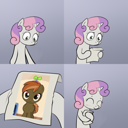 Size: 2000x2000 | Tagged: safe, button mash, sweetie belle, pony, unicorn, bipedal, blushing, comic, crush, exploitable meme, female, filly, gradient background, happy, high score, hoof hold, horn, hug, letter, male, meme, paper, shipping, solo, straight, sweetie hugs a note, sweetie's note meme, sweetiemash, two toned hair, white coat