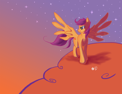 Size: 1650x1275 | Tagged: safe, artist:sagebrushpony, derpibooru import, scootaloo, older, scootaloo can fly, solo, spread wings, sunset