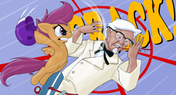 Size: 900x488 | Tagged: safe, artist:rocketknightgeek, scootaloo, human, abuse, colonel sanders, crossover, eyes closed, glasses, helmet, kfc, not a chicken, punch