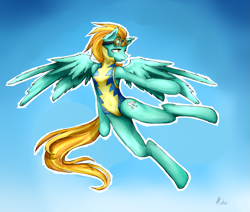 Size: 2893x2449 | Tagged: safe, artist:metyhasumy, derpibooru import, lightning dust, anthro, arm hooves, clothes, flying, goggles, leotard, solo, wonderbolt leotard, wonderbolt trainee uniform