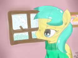 Size: 320x240 | Tagged: safe, artist:ponypocky317, derpibooru import, sunshower raindrops, clothes, rain, solo, sweater, window