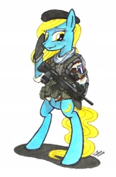 Size: 1258x1920 | Tagged: safe, artist:buckweiser, derpibooru import, oc, oc only, oc:madame banane, beret, famas, french, gun, mascot, military, picatinny rail, rifle, solo, weapon