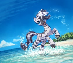 Size: 1500x1300 | Tagged: safe, artist:kp-shadowsquirrel, derpibooru import, zecora, zebra, beach, cute, female, missing accessory, ocean, open mouth, solo, splash, water, wet mane, zecorable