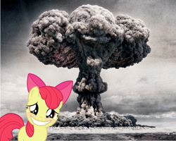 Size: 1280x1024 | Tagged: safe, artist:naihutsu92, edit, apple bloom, blushing, disaster girl, embarrassed, faic, mushroom cloud, nuclear weapon, smiling