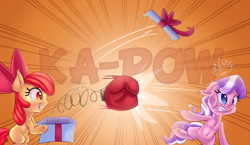 Size: 4000x2324 | Tagged: safe, artist:discorded, apple bloom, diamond tiara, boxing glove, derp, prank, tiarabuse