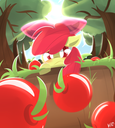 Size: 1800x2000 | Tagged: safe, artist:kty159, apple bloom, earth pony, pony, apple, female, filly, food, solo, sunlight, tree