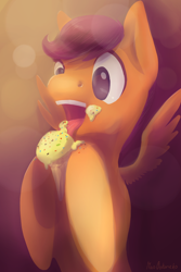 Size: 800x1200 | Tagged: safe, artist:wolfiedrawie, derpibooru import, scootaloo, eating, ice cream, messy eating, solo