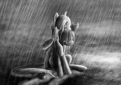 Size: 1000x700 | Tagged: safe, artist:mmtob3, derpibooru import, oc, oc only, crying, hug, monochrome, night, rain, sad, sitting