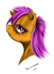 Size: 610x838 | Tagged: safe, artist:derp-my-life, derpibooru import, scootaloo, crying, punk, scar, solo