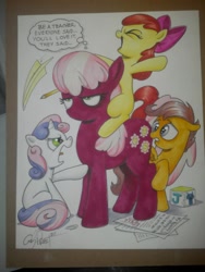 Size: 1024x1365 | Tagged: safe, artist:andypriceart, derpibooru import, idw, apple bloom, cheerilee, scootaloo, sweetie belle, cutie mark crusaders, photo, riding, traditional art