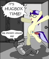 Size: 356x426 | Tagged: safe, derpibooru import, oc, oc only, oc:pennychan, door, goofy time, hape, hug, imageboard, imma snuggle you, meme, ponychan, reaction image, text