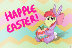 Size: 2400x1600 | Tagged: safe, artist:docwario, derpibooru import, apple bloom, apple, bunny bloom, bunny costume, clothes, easter, solo, text