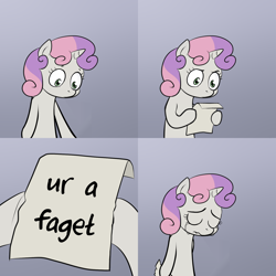 Size: 2000x2000 | Tagged: safe, artist:superedit, sweetie belle, pony, unicorn, bipedal, crying, exploitable meme, female, filly, gradient background, hoof hold, horn, letter, meme, paper, sad, solo, sweetie's note meme, two toned hair, ur a faget, white coat