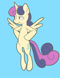 Size: 1487x1925 | Tagged: safe, artist:pixel-prism, derpibooru import, bon bon, sweetie drops, alicorn, pony, alicornified, blue background, bon bon is not amused, bonicorn, everyone is an alicorn, race swap, raised eyebrow, simple background, solo, unamused