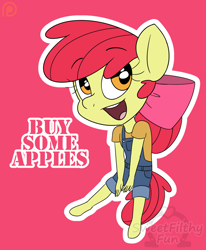 Size: 998x1212 | Tagged: safe, artist:sweetfilthyfun, apple bloom, anthro, unguligrade anthro, buy some apples, chibi, cute, overalls, solo