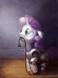 Size: 966x1289 | Tagged: safe, artist:cannibalus, derpibooru import, sweetie belle, sweetie bot, pony, robot, robot pony, unicorn, cute, diasweetes, female, filly, floppy ears, foal, frown, hooves, horn, looking up, mouth hold, plug, recharging, sad, solo, thunder struck, us plug
