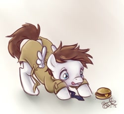 Size: 750x689 | Tagged: safe, artist:ida mikkonen, artist:uppun, derpibooru import, pegasus, pony, burger, castiel, clothes, food, hamburger, licking, licking lips, necktie, ponified, solo, supernatural, tongue out