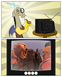 Size: 1050x1299 | Tagged: safe, derpibooru import, discord, engineer, exploitable meme, francis, gmod, left 4 dead, meme, monocle, pipe, rubberfruit, soldier, sunburst background, team fortress 2, tv meme