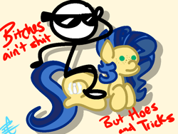 Size: 800x600 | Tagged: safe, artist:palenarrator, oc, oc only, oc:milky way, human, pony, female, mare, stick figure, sunglasses, vulgar