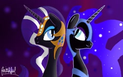 Size: 640x400 | Tagged: safe, artist:faithful24, derpibooru import, nightmare moon, nightmare rarity, duality, self ponidox, time paradox