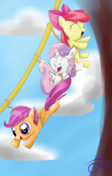 Size: 2361x3687 | Tagged: safe, artist:poisonicpen, derpibooru import, apple bloom, scootaloo, sweetie belle, cutie mark crusaders, cutie mark crusading, zip line