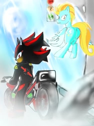 Size: 593x789 | Tagged: safe, artist:psyfteblue, derpibooru import, lightning dust, crossover, motorcycle, plot, shadow the hedgehog, sonic the hedgehog (series)