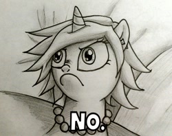 Size: 960x759 | Tagged: safe, artist:peachpalette, oc, oc only, oc:peach palette, pony, unicorn, meme, no, reaction image, sketch, tard the grumpy cat