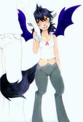 Size: 821x1205 | Tagged: safe, artist:-fuchs-, derpibooru import, oc, oc only, oc:yuzu, bat pony, human, satyr, belly button, bottomless, clothes, fangs, grin, holding hands, looking up, smiling, tail hug