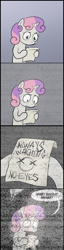 Size: 500x1966 | Tagged: safe, derpibooru import, sweetie belle, pony, unicorn, bipedal, comic, dialogue, exploitable meme, female, filly, gradient background, hoof hold, horn, letter, meme, nightmare fuel, paper, slenderman, solo, speech bubble, sweetie's note meme, two toned hair, two toned mane, white coat