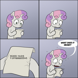 Size: 1100x1100 | Tagged: safe, artist:lemondevil, sweetie belle, pony, unicorn, bipedal, comic, dialogue, exploitable meme, female, filly, gradient background, hoof hold, horn, letter, meme, paper, riddle, solo, speech bubble, sweetie's note meme, two toned hair, two toned mane, white coat