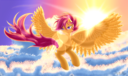 Size: 5000x3000 | Tagged: safe, artist:artention, derpibooru import, scootaloo, pegasus, pony, cloud, flying, large wings, lens flare, scootaloo can fly, signature, sky, solo, spread wings, sun, wings