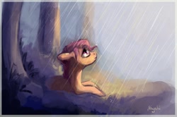 Size: 1208x802 | Tagged: safe, artist:nayshie, derpibooru import, scootaloo, rain, solo