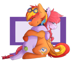 Size: 1024x891 | Tagged: safe, artist:oddends, oc, oc only, oc:crab apple, oc:tech talk, cute, eyes closed, goggles, hug