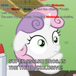 Size: 527x525 | Tagged: safe, derpibooru import, edit, edited screencap, screencap, sweetie belle, pony, unicorn, ponyville confidential, 3ds, female, filly, horn, mario, mario & sonic, nintendo, obligatory pony, sega, solo, sonic lost world, sonic the hedgehog (series), sudden clarity sweetie belle, super mario bros., super smash bros., text, two toned mane, white coat, wide eyes, wii u