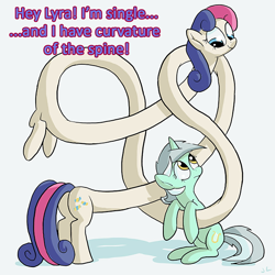 Size: 600x600 | Tagged: safe, derpibooru import, bon bon, lyra heartstrings, sweetie drops, image macro, jim carrey, long pony, longbon