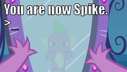 Size: 738x416 | Tagged: safe, derpibooru import, spike, equestria girls, image macro, magic mirror, meme, mirror, reflection, solo, what do