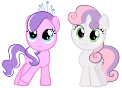 Size: 900x649 | Tagged: safe, artist:themasterofdespair, diamond tiara, sweetie belle, earth pony, pony, female, filly, jewelry, pink coat, tiara, two toned mane