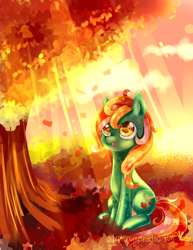 Size: 850x1100 | Tagged: safe, artist:aquagalaxy, derpibooru import, oc, oc only, oc:autumn harvest, autumn, leaves, solo, sunlight, tree