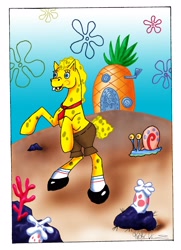 Size: 1500x2070 | Tagged: safe, artist:v-babe007, gary, nightmare fuel, only the dead can know peace from this evil, pineapple, ponified, snail, spongebob squarepants, wat, what has science done