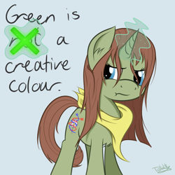 Size: 1024x1024 | Tagged: safe, artist:pexpy, derpibooru import, oc, oc only, oc:lucidity, don't hug me i'm scared, green is not a creative color, solo